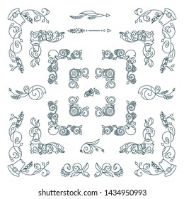 Vector set of elements for design. Square corners and frames. Flowers, ear of wheat, leaves elements. Vintage, hand drawing doodle style