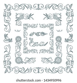 Vector set of elements for design. Square corners and frames. Flowers, ear of wheat, leaves elements. Vintage, hand drawing doodle style