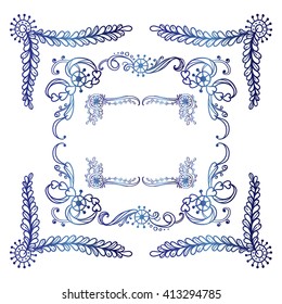 Vector set of elements for design. Square corners and frames. Seaweed, shell, branches, leaves, corals,  ocean and sea flowers. Vintage, hand drawing watercolor or ink style. 