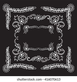 Vector set of elements for design. Square corners and frames. Seaweed, shell, branches, leaves, corals,  ocean and sea flowers. Vintage, hand drawing chalkboard style. Set 2 from 4
