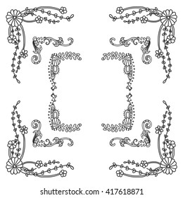 Vector set of elements for design. Square corners and frames. Seaweed, shell, branches, leaves, corals,  ocean and sea flowers. Vintage, hand drawing doodle style