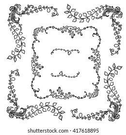 Vector set of elements for design. Square corners and frames. Seaweed, shell, branches, leaves, corals,  ocean and sea flowers. Vintage, hand drawing doodle style