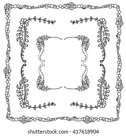 Vector set of elements for design. Square corners and frames. Seaweed, shell, branches, leaves, corals,  ocean and sea flowers. Vintage, hand drawing doodle style