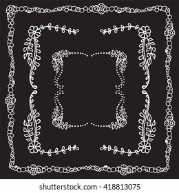 Vector set of elements for design. Square corners and frames. Seaweed, shell, branches, leaves, corals,  ocean and sea flowers. Vintage, hand drawing charcoal style. Set 3 from 6