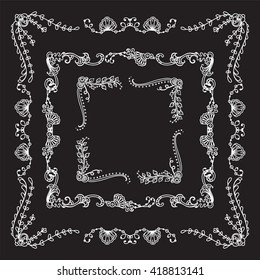 Vector set of elements for design. Square corners and frames. Seaweed, shell, branches, leaves, corals,  ocean and sea flowers. Vintage, hand drawing charcoal style. Set 5 from 6