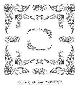 Vector set of elements for design. Square corners and frames. Seaweed, shell, branches, leaves, corals,  ocean and sea flowers. Vintage, hand drawing pen ink style. Set 1 from 4
