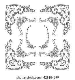 Vector set of elements for design. Square corners and frames. Seaweed, shell, branches, leaves, corals,  ocean and sea flowers. Vintage, hand drawing pen ink style. Set 4 from 4
