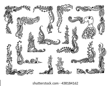 Vector set of elements for design. Square corners, border. Seaweed, shell, branches, leaves, corals, fish, crab, stone, ocean and sea flowers. Coloring for adult book page, black line