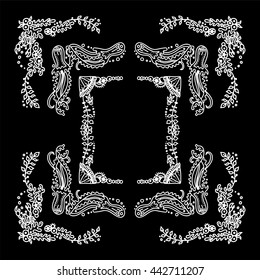 Vector set of elements for design. Square, rectangle corners and frames, charcoal decor. Seaweed, shell, branches, leaves, corals, ocean and sea flowers. Vintage doodle style, white line