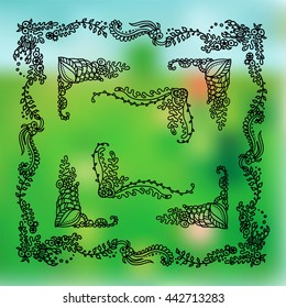 Vector set of elements for design. Square, rectangle corners and frames, for photo decor. Seaweed, shell, branches, leaves, corals, ocean and sea flowers. Vintage doodle style, black line