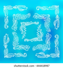 Vector set of elements for design. Square, rectangle corners and frames, for photo decor. Seaweed, shell, branches, leaves, corals, ocean and sea flowers. Vintage doodle style, white line