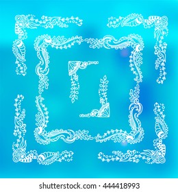 Vector set of elements for design. Square, rectangle corners and frames, for photo decor. Seaweed, shell, branches, leaves, corals, ocean and sea flowers. Vintage doodle style, white line