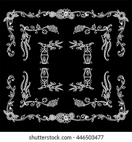Vector set of elements for design. Square, rectangle corners and frames, chalkboard decor. Branch, leaves, trees, flowers, ivy, vine, daisy, lily, line, swirl, grass. Vintage doodle style, white line