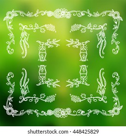 Vector set of elements for design. Square, rectangle corners and frames, for photo decor. Branch, leaves, trees, flowers, ivy, vine, line, swirl. Vintage doodle style, white line