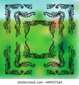 Vector set of elements for design. Square, rectangle corners and frames, for photo decor. Seaweed, shell, branches, leaves, corals, ocean and sea flowers. Vintage doodle style, black line