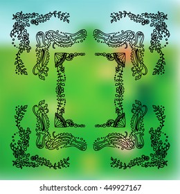 Vector set of elements for design. Square, rectangle corners and frames, for photo decor. Seaweed, shell, branches, leaves, corals, ocean and sea flowers. Vintage doodle style, black line