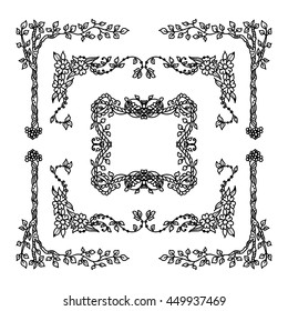 Vector set of elements for design. Square, rectangle corners and frames for coloring decor. Branch, leaves, trees, flowers, ivy, vine, daisy, lily, line, swirl, grass. Vintage doodle style, black line