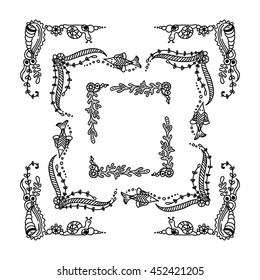 Vector set of elements for design. Square, rectangle corners and frames for coloring decor. Seaweed, shell, branches, leaves, corals, ocean and sea flowers. Vintage doodle style, black line Set 1\5