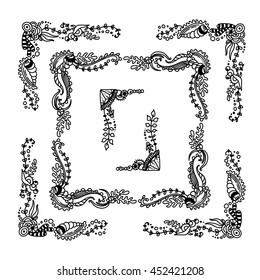 Vector set of elements for design. Square, rectangle corners and frames for coloring decor. Seaweed, shell, branches, leaves, corals, ocean and sea flowers. Vintage doodle style, black line Set 2\5
