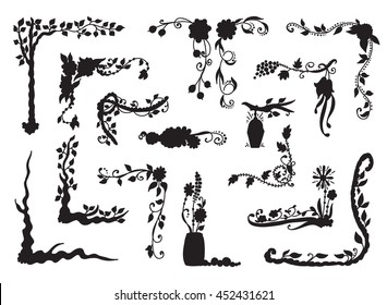 Vector set of elements for design. Square corners, border. Branch, leaves, trees, flowers, ivy, candle, light,  vine, daisy, lily, line, herbal. Vintage, hand drawing doodle style, black silhouette