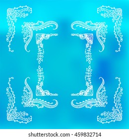 Vector set of elements for design. Square, rectangle corners and frames, for photo decor. Seaweed, shell, branches, leaves, corals, ocean and sea flowers. Vintage doodle style, white line