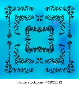 Vector set of elements for design. Square, rectangle corners and frames, for photo decor. Branch, leaves, trees, flowers, ivy, vine, daisy, lily, line, swirl, grass. Vintage doodle style, black line