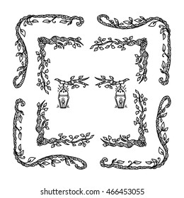 Vector set of elements for design. Square, rectangle corners and frames for coloring decor. Branch, leaves, trees, flowers, ivy, vine, daisy, lily, line, swirl, grass. Vintage doodle style, black line