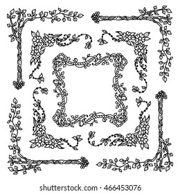Vector set of elements for design. Square, rectangle corners and frames for coloring decor. Branch, leaves, trees, flowers, ivy, vine, daisy, lily, line, swirl, grass. Vintage doodle style, black line