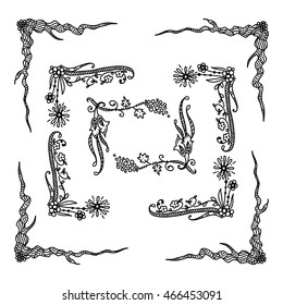 Vector set of elements for design. Square, rectangle corners and frames for coloring decor. Branch, leaves, trees, flowers, ivy, vine, daisy, lily, line, swirl, grass. Vintage doodle style, black line