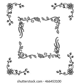 Vector set of elements for design. Square, rectangle corners and frames for coloring decor. Branch, leaves, trees, flowers, ivy, vine, daisy, lily, line, swirl, grass. Vintage doodle style, black line