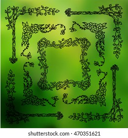 Vector set of elements for design. Square, rectangle corners and frames, for photo decor. Branch, leaves, trees, flowers, ivy, vine, daisy, lily, line, swirl, grass. Vintage doodle style, black line