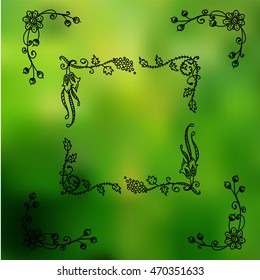Vector set of elements for design. Square, rectangle corners and frames, for photo decor. Branch, leaves, trees, flowers, ivy, vine, daisy, lily, line, swirl, grass. Vintage doodle style, black line