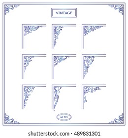 Vector set of elements for design. Square corners, frames. Beautiful ornate floral elements, vine and grapes. Vintage, hand drawing doodle style. Blue watercolor style. New elements in each set