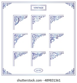 Vector set of elements for design. Square corners, frames. Beautiful ornate floral elements, vine and grapes. Vintage, hand drawing doodle style. Blue watercolor style. New elements in each set