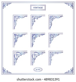 Vector set of elements for design. Square corners, frames. Beautiful ornate floral elements, vine and grapes. Vintage, hand drawing doodle style. Blue watercolor style. New elements in each set