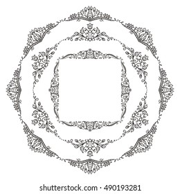 Vector set of elements for design. Square corners and round frames. Beautiful ornate floral elements, vine and grapes. Vintage, hand drawing doodle style. New elements in each set