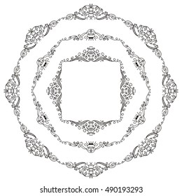 Vector set of elements for design. Square corners and round frames. Beautiful ornate floral elements, vine and grapes. Vintage, hand drawing doodle style. New elements in each set