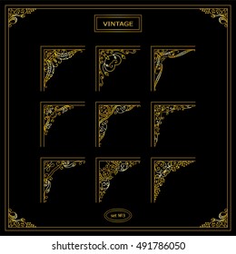 Vector set of elements for design. Square corners, frames. Beautiful ornate floral elements, vine and grapes. Vintage, hand drawing doodle style. Premium  gold. New elements in each set 2/4
