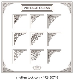 Vector set of elements for design. Square corners, frames, photo decor stickers. Seaweed, snail, shell, coral, ocean, sea, water, undersea elements. Hand drawing doodle style. New in each set