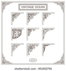 Vector set of elements for design. Square corners, frames, photo decor stickers. Seaweed, snail, shell, coral, ocean, sea, water, undersea elements. Hand drawing doodle style. New in each set