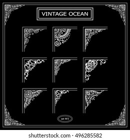 Vector set of elements for design. Square corners, frames, photo decor stickers. Seaweed, snail, shell, coral, ocean, water, undersea elements. Black and white, chalkboard. New elements in each set