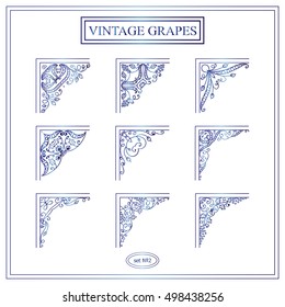 Vector set of elements for design. Square corners, frames. Beautiful ornate elements, vine and grapes. Vintage, hand drawing doodle style. New elements in each set, blue watercolor style