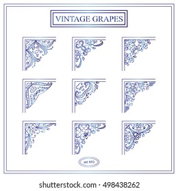 Vector set of elements for design. Square corners, frames. Beautiful ornate elements, vine and grapes. Vintage, hand drawing doodle style. New elements in each set, blue watercolor style