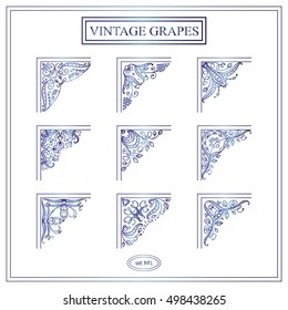 Vector set of elements for design. Square corners, frames. Beautiful ornate elements, vine and grapes. Vintage, hand drawing doodle style. New elements in each set, blue watercolor style