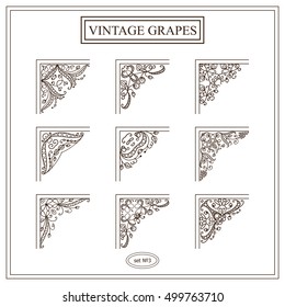 Vector set of elements for design. Square corners, frames. Beautiful ornate floral elements, vine and grapes. Vintage, hand drawing doodle style. New elements in each set, classic style