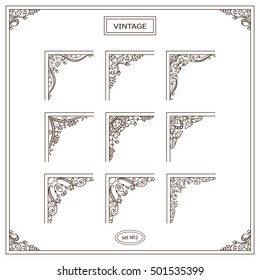 Vector set of elements for design. Square corners, frames. Beautiful ornate floral, vine and grapes. Vintage, hand drawing doodle style. New in each set