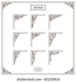 Vector set of elements for design. Square corners, frames. Beautiful ornate floral, vine and grapes. Vintage, hand drawing doodle style. New in each set