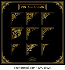 Vector set of elements for design. Square corners, frames, photo decor stickers. Seaweed, snail, shell, coral, ocean, sea, water - undersea elements. Premium gold color. New elements in each set