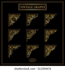 Vector set of elements for design. Square corners, frames. Beautiful ornate elements, vine and grapes. Vintage, hand drawing doodle style. New elements in each set, premium gold style