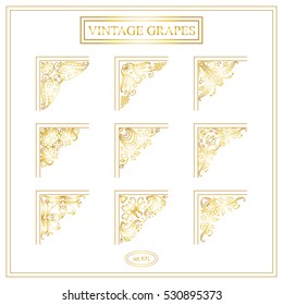 Vector set of elements for design. Square corners, frames. Beautiful ornate elements, vine and grapes. Vintage, hand drawing doodle style. New elements in each set, white and gold colors 